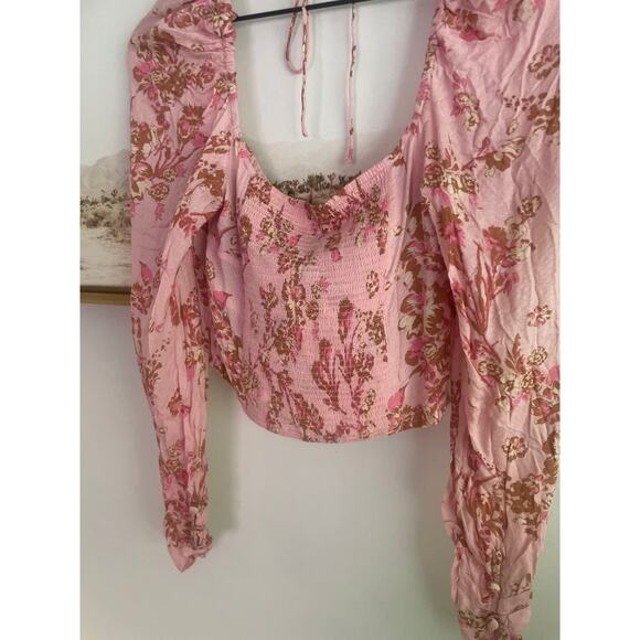 NWT Free People Hilary Pink Floral Long Sleeve Crop Top XS Tie Front Blouse - Picture 8 of 9